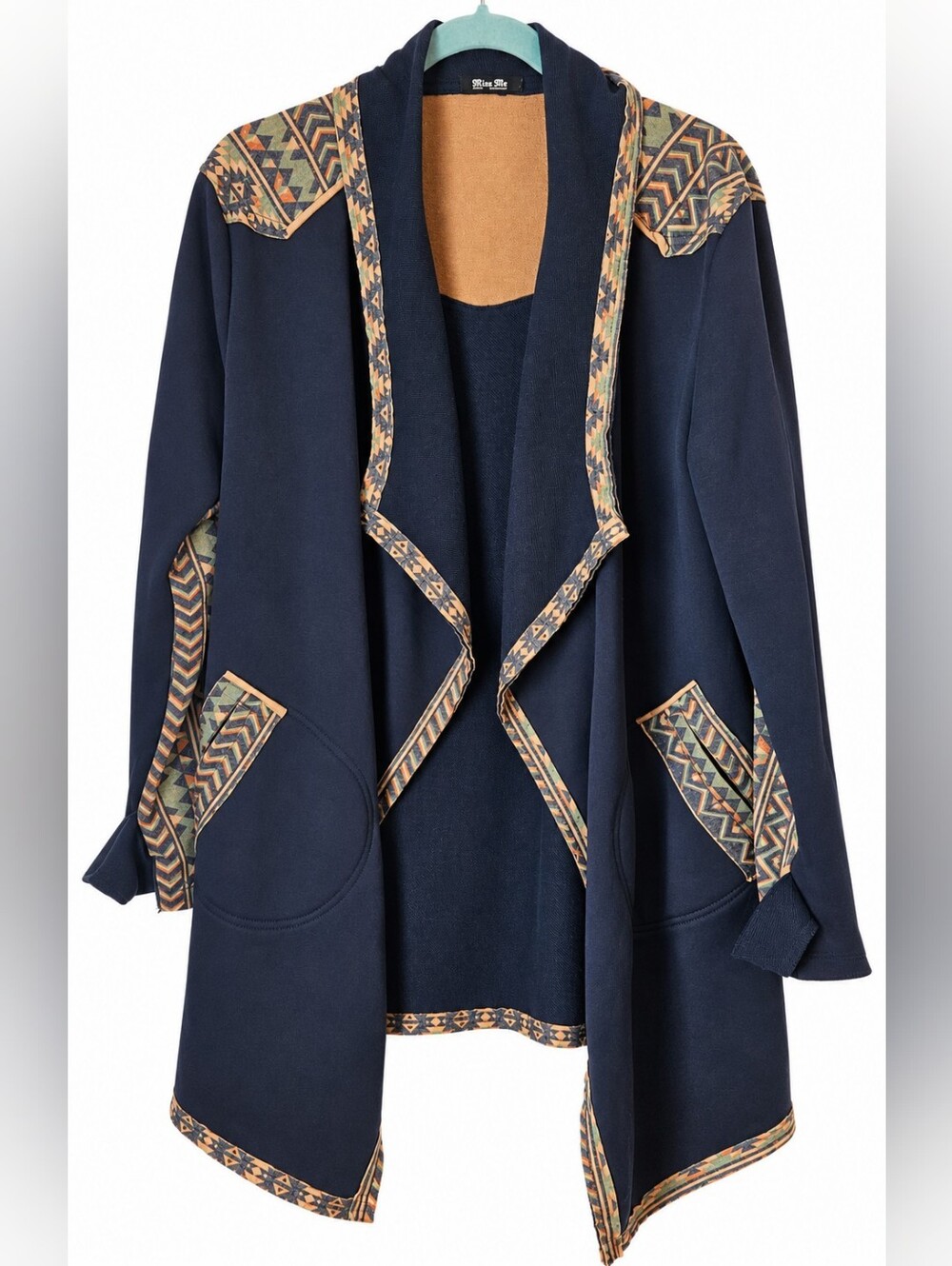 Miss Me Navy Southwestern Aztec Waterfall Open Front Cardigan Size M  Boho